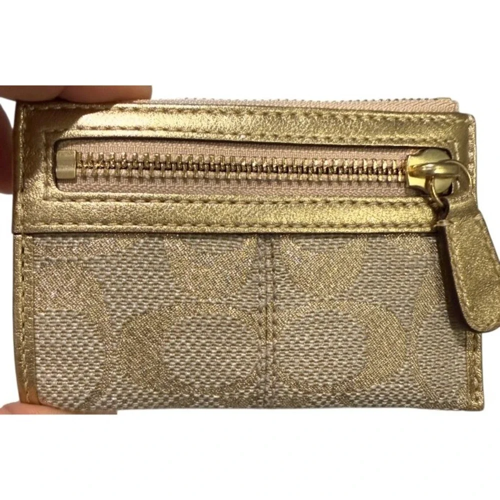 Coach Signature Lurex Gold Jacquard Zip Card Case Coin Purse Keychain Wallet